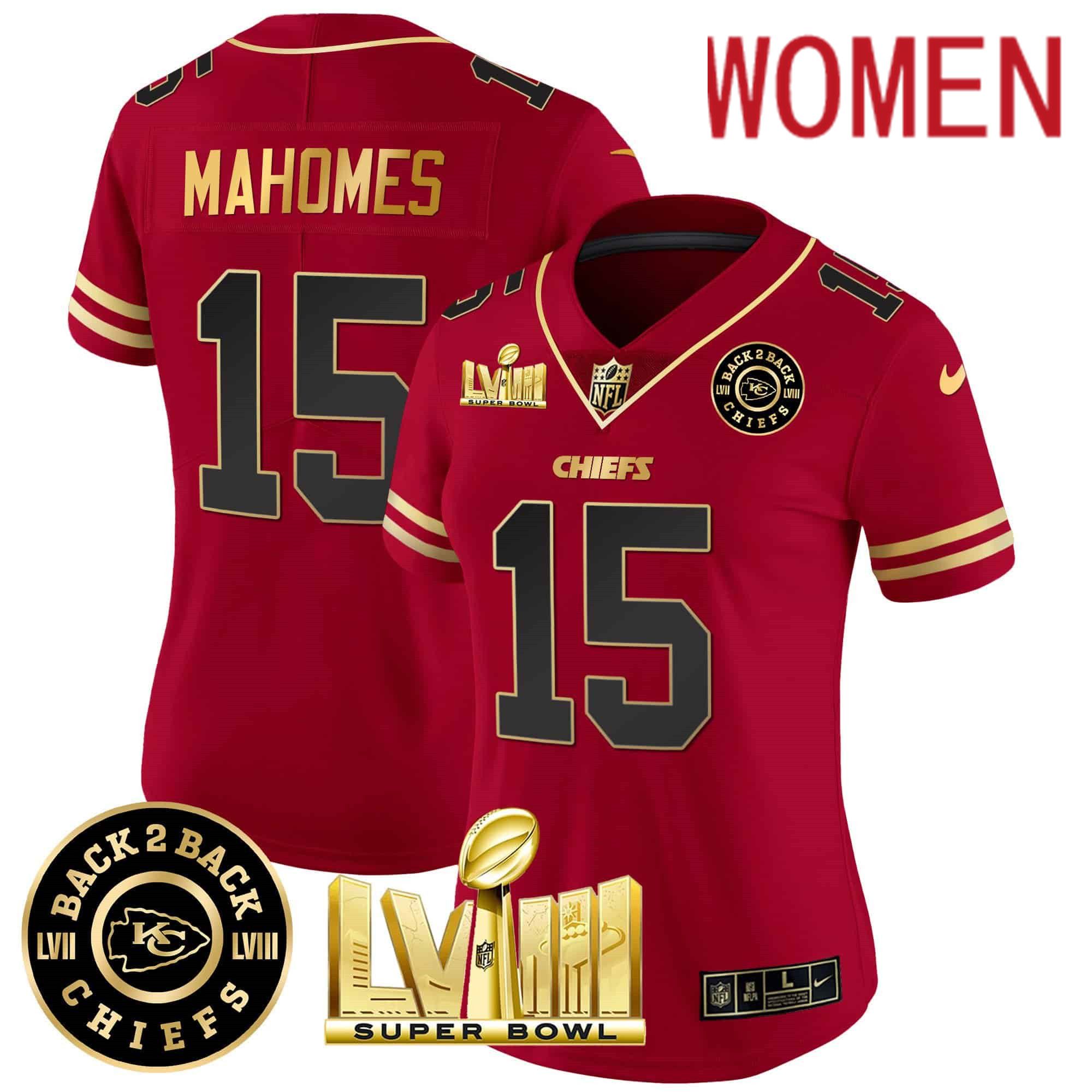 Women Kansas City Chiefs #15 Mahomes Red 2024 Nike Super Bowl LVIII & Back-2-Back Patch Vapor NFL Jersey style 1->women nfl jersey->Women Jersey